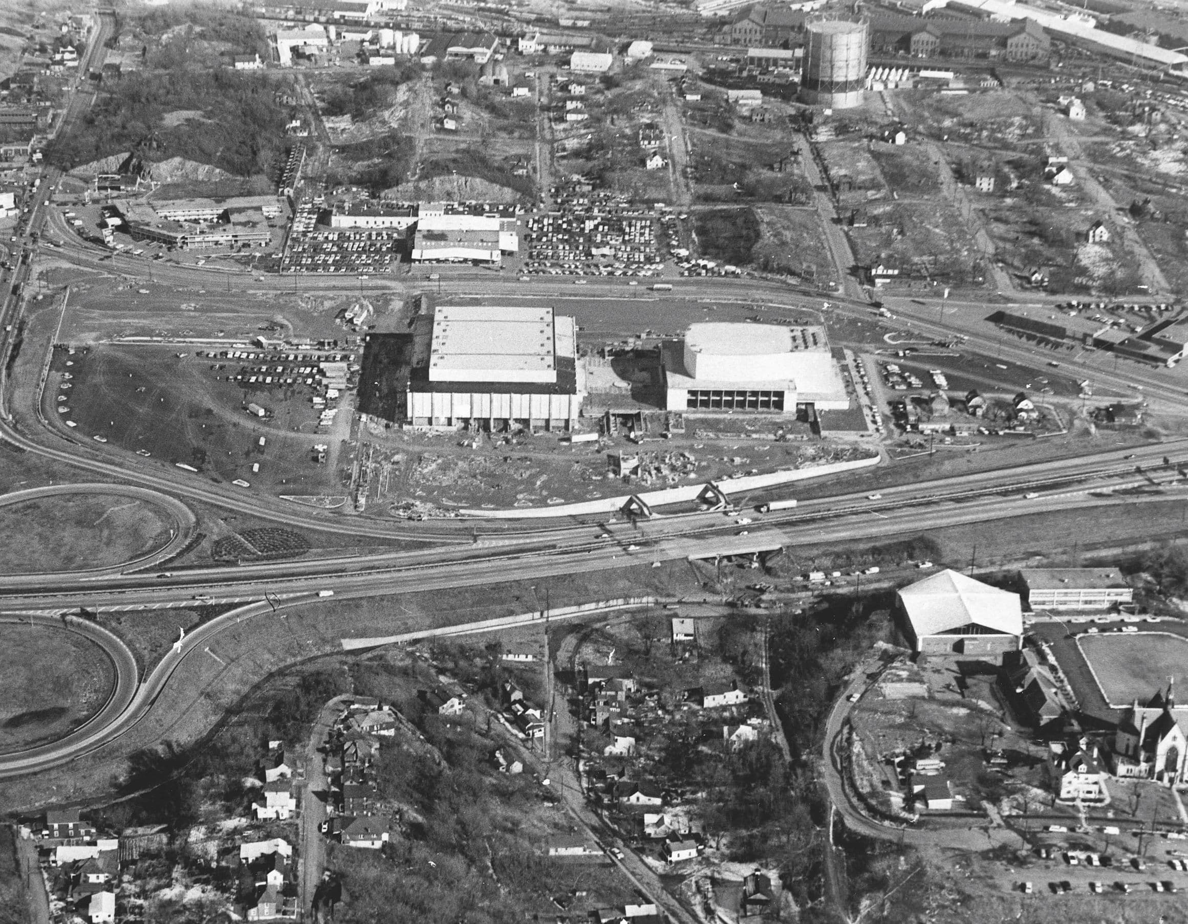 A high up photo of the Roanoke Civic Center and Interstate 581