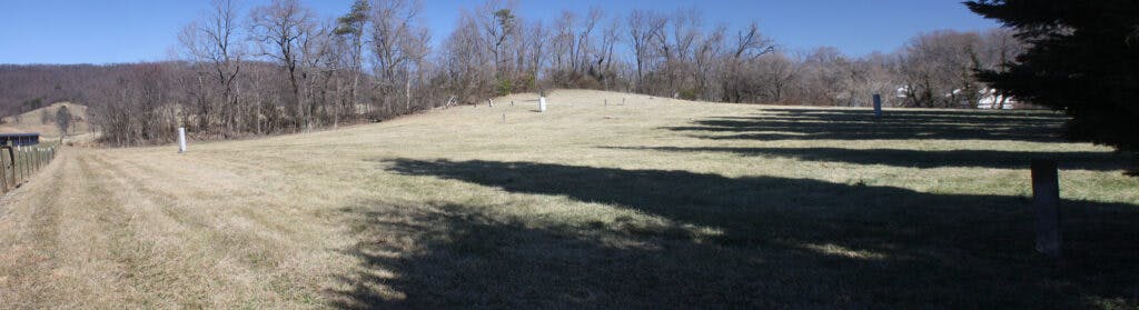 A photo taken in winter with no leaves on the trees and barren, dry grass at the cemetery