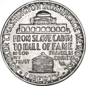 Back of Half Dollar coin with Booker T Washingtons memorial and original cabin featured