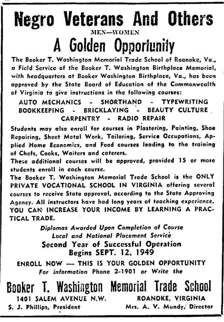 A poster or newspaper ad for the Booker T. Washington Memorial Trade School. The Headline reads: Negro veterans and others, men and women, a golden opportunity
