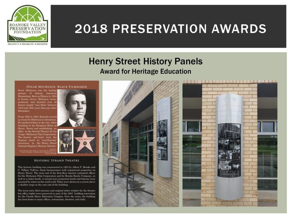 A photo of history panels that can be seen on Henry Street, celebrating Oscar Micheaux a black filmmaker and giving background on the historic strand theatre