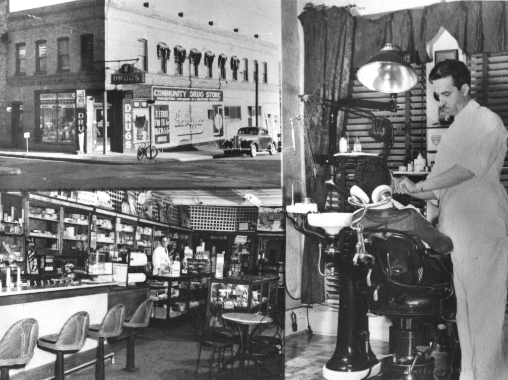 A photo collage featuring 3 snapshots of medical staples in past Gainsboro.Photo of Dr. Harry Penn working on a patient's mouth in an old fashioned dentists chair. Another photo shows a man behind a counter in a drug store, and the last shows the exterior of the drug store with an old car out front.