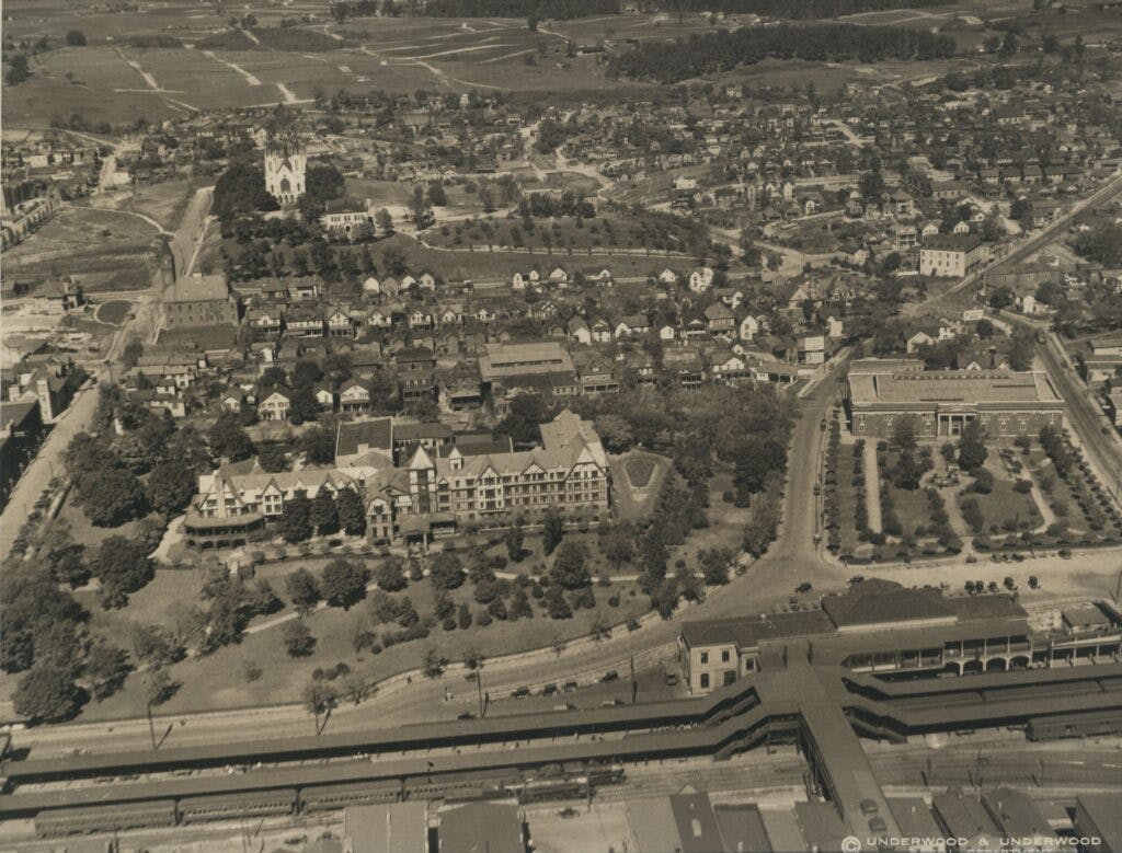 High up photo of the Gainsboro neighborhood looking over Hotel Roanoke